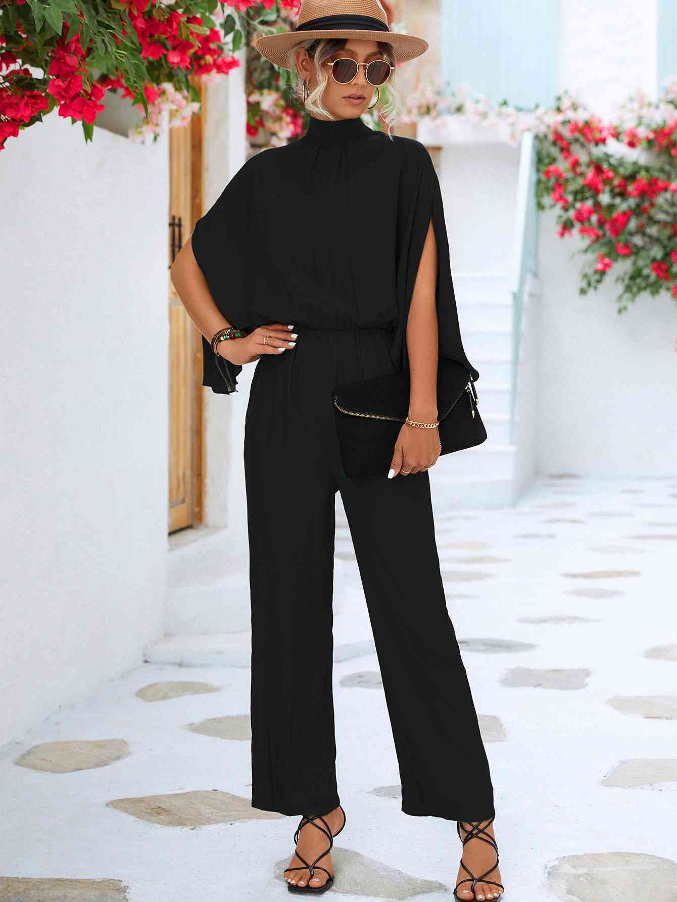 Black Tie Back Mock Neck Split Sleeve Jumpsuit Clothes