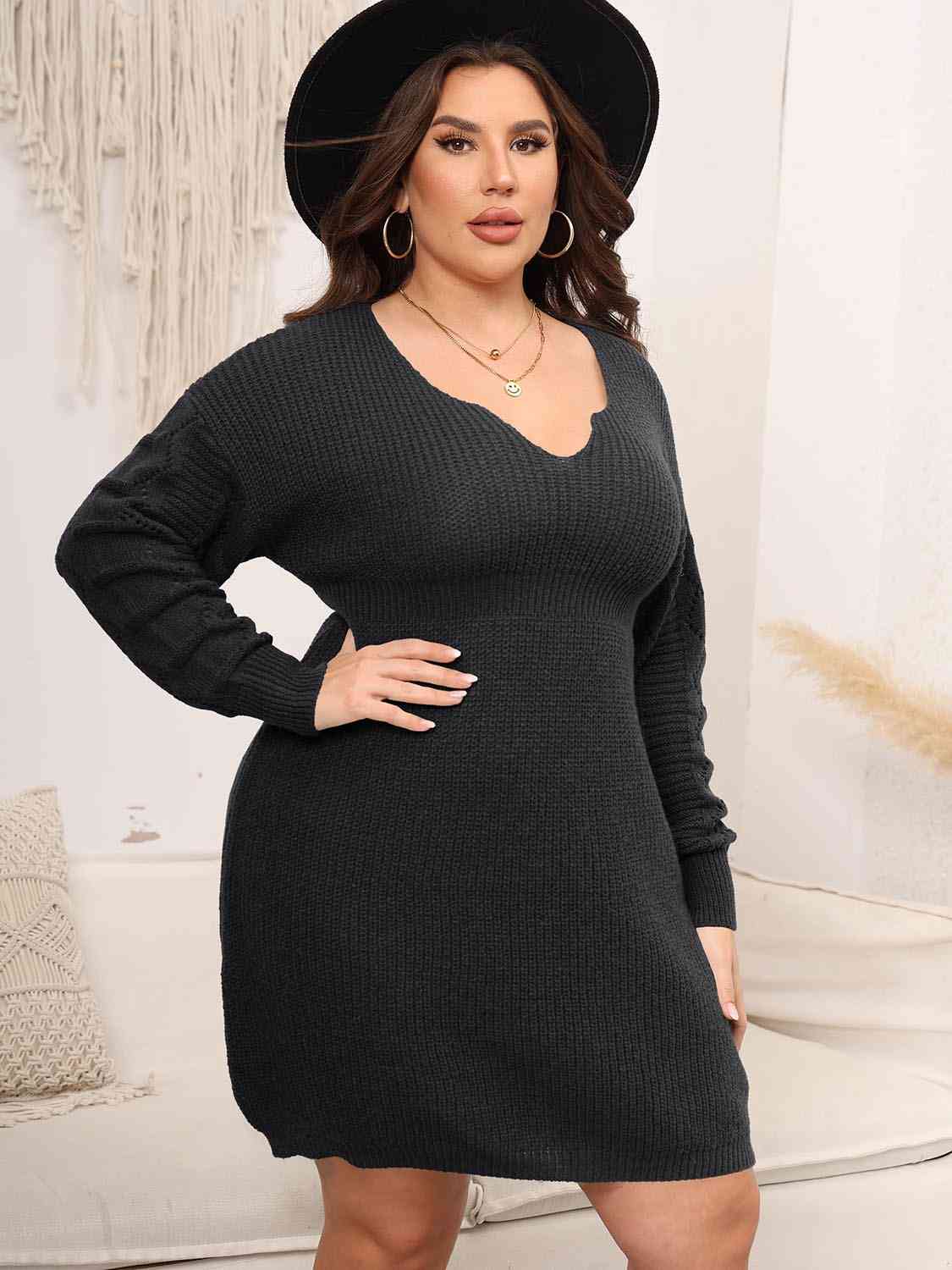Light Gray Plus Size Dropped Shoulder Long Sleeve Knit Mini Dress Plus Size Clothes