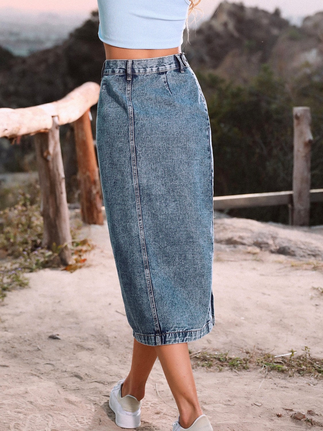 Gray Wifey Button Down Denim Midi Skirt Denim Skirt