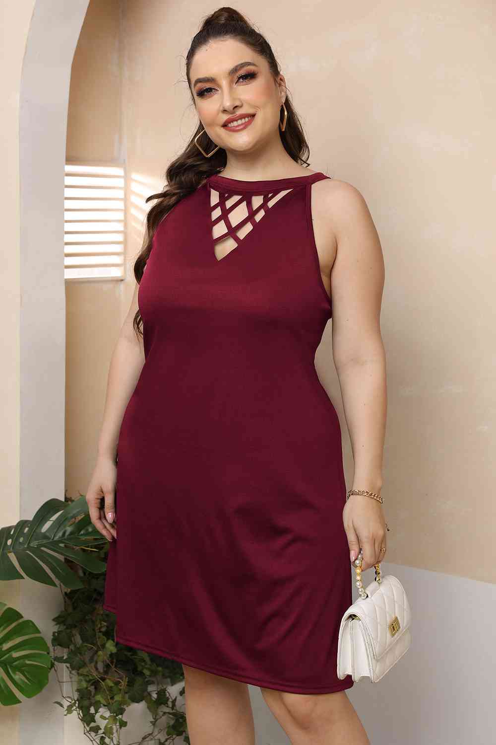 Tan Plus Size Cutout Round Neck Sleeveless Dress Plus Size Clothes