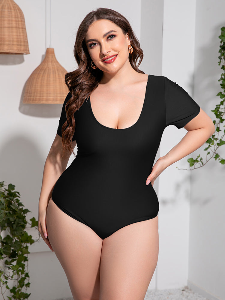 Gray Plus Size Scoop Neck Short Sleeve One-Piece Swimsuit Plus Size Clothes