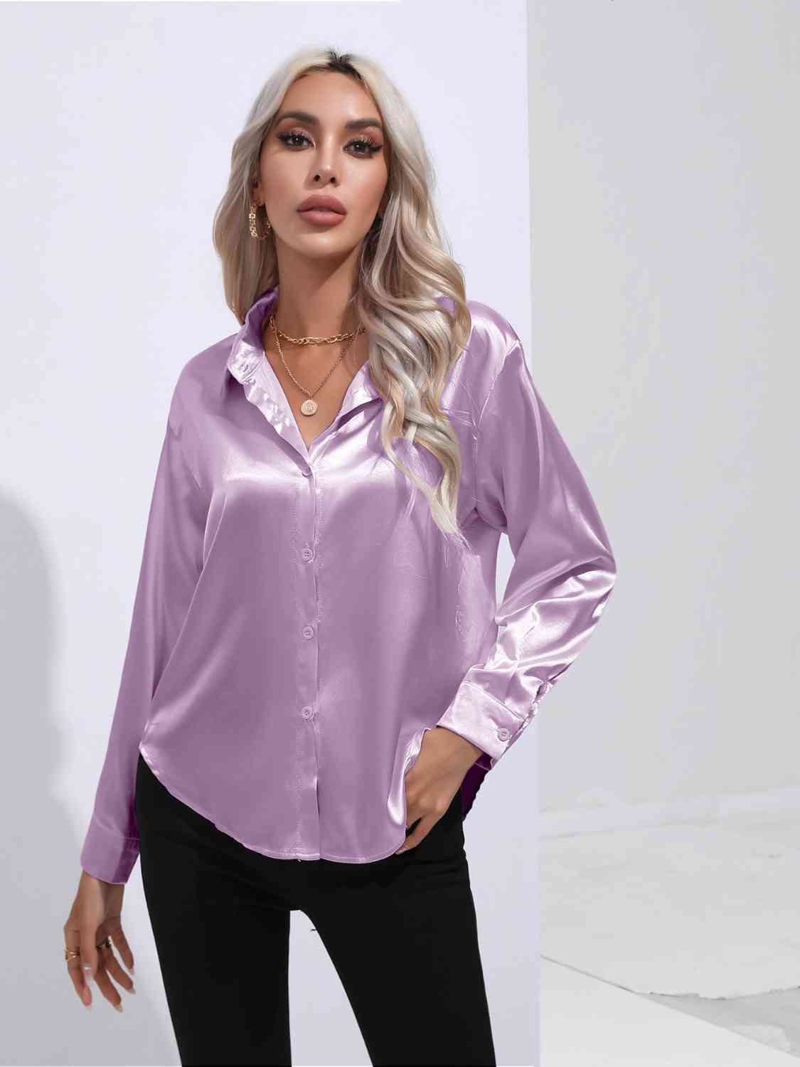 Light Gray Modern Times Collared Neck Buttoned Long Sleeve Shirt Satin Tops