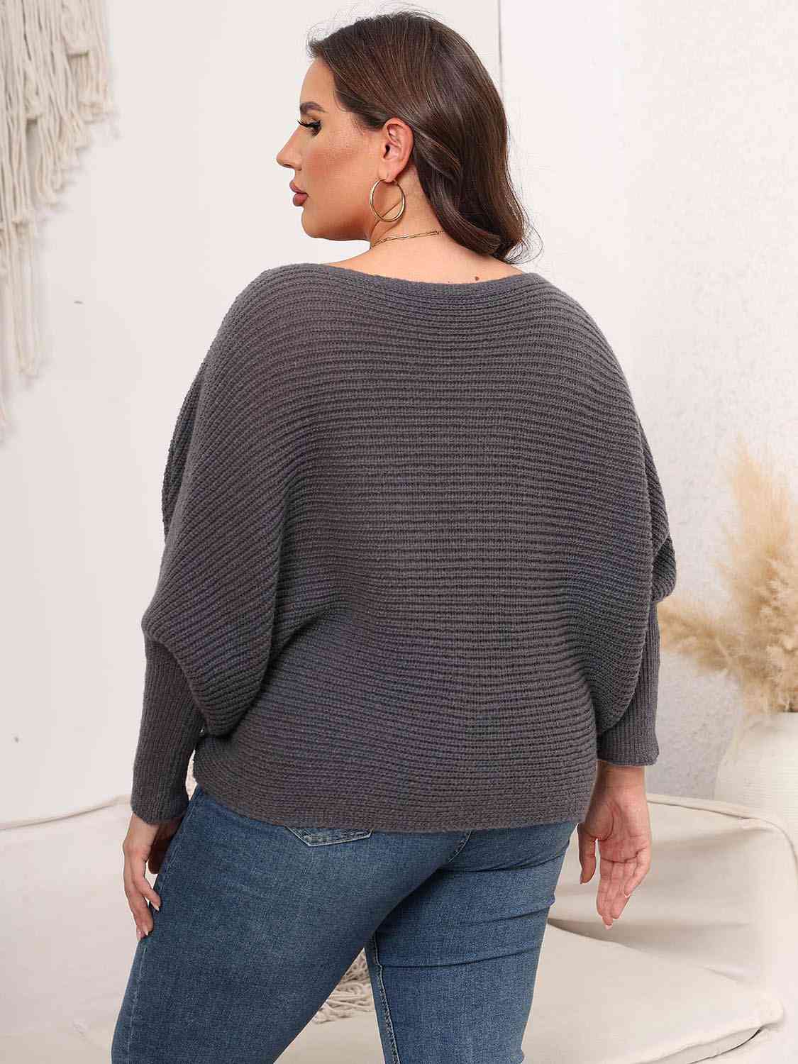 Light Gray Full Size Boat Neck Batwing Sleeve Sweater Plus Size Clothes