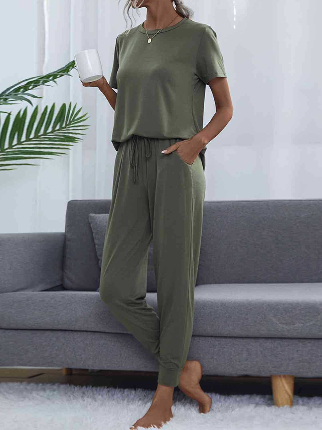 Dark Slate Gray Round Neck Short Sleeve Top and Pants Set Loungewear