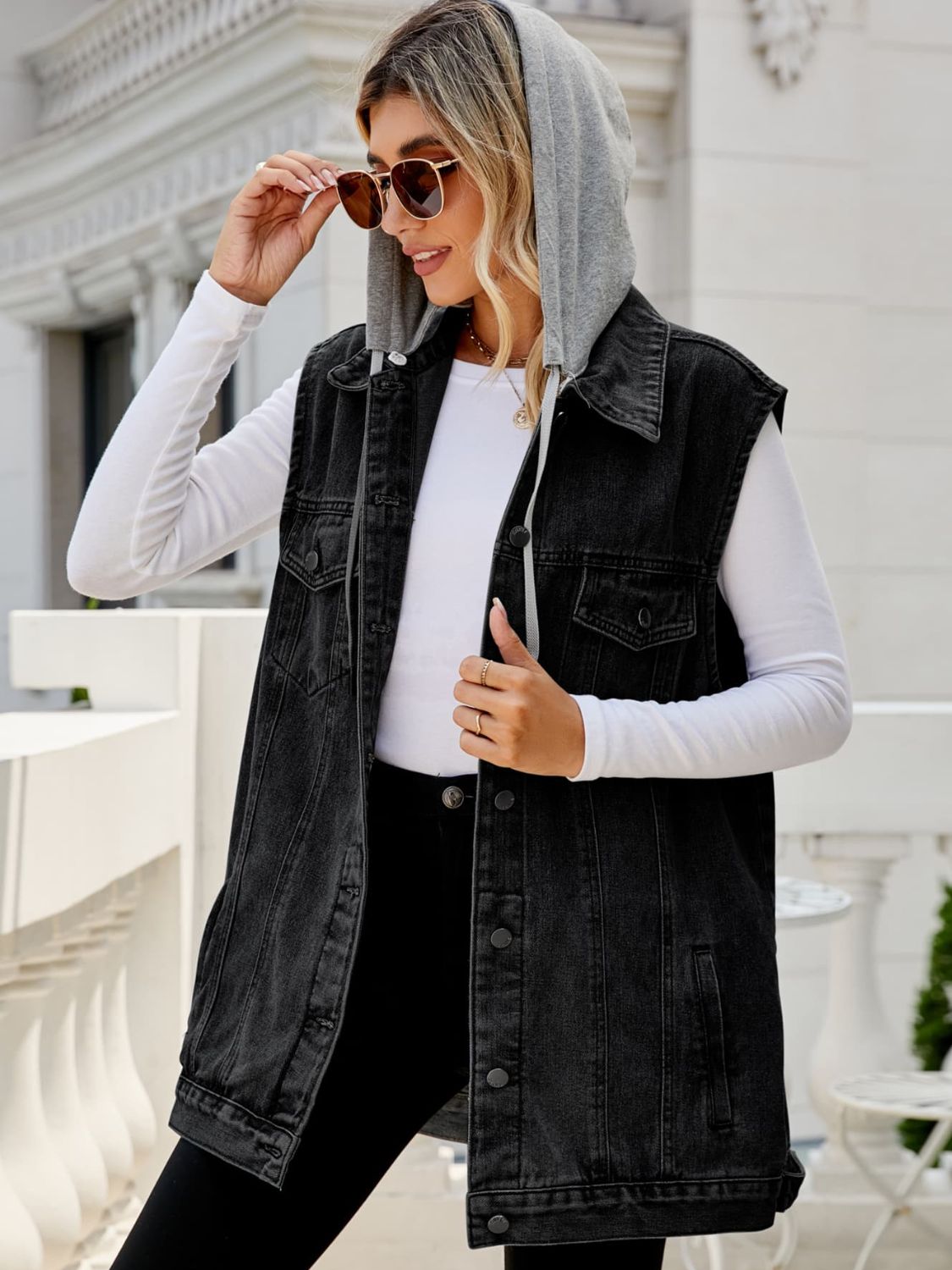 Black Drawstring Hooded Sleeveless Denim Top with Pockets Denim