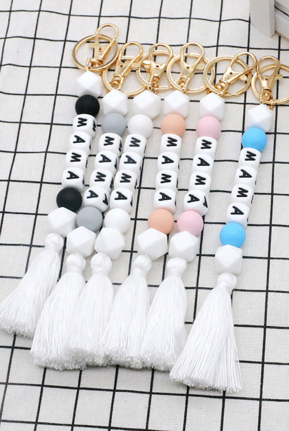 Light Gray 90's Style Assorted 2-Pack Mama Beaded Tassel Keychain Key Chains