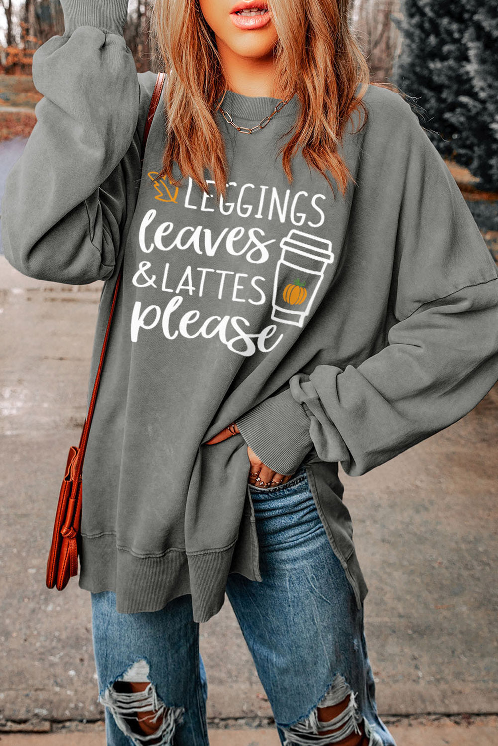 Dim Gray Round Neck Dropped Shoulder LEGGINGS LEAVES LATTES PLEASE Graphic Sweatshirt Sweatshirts
