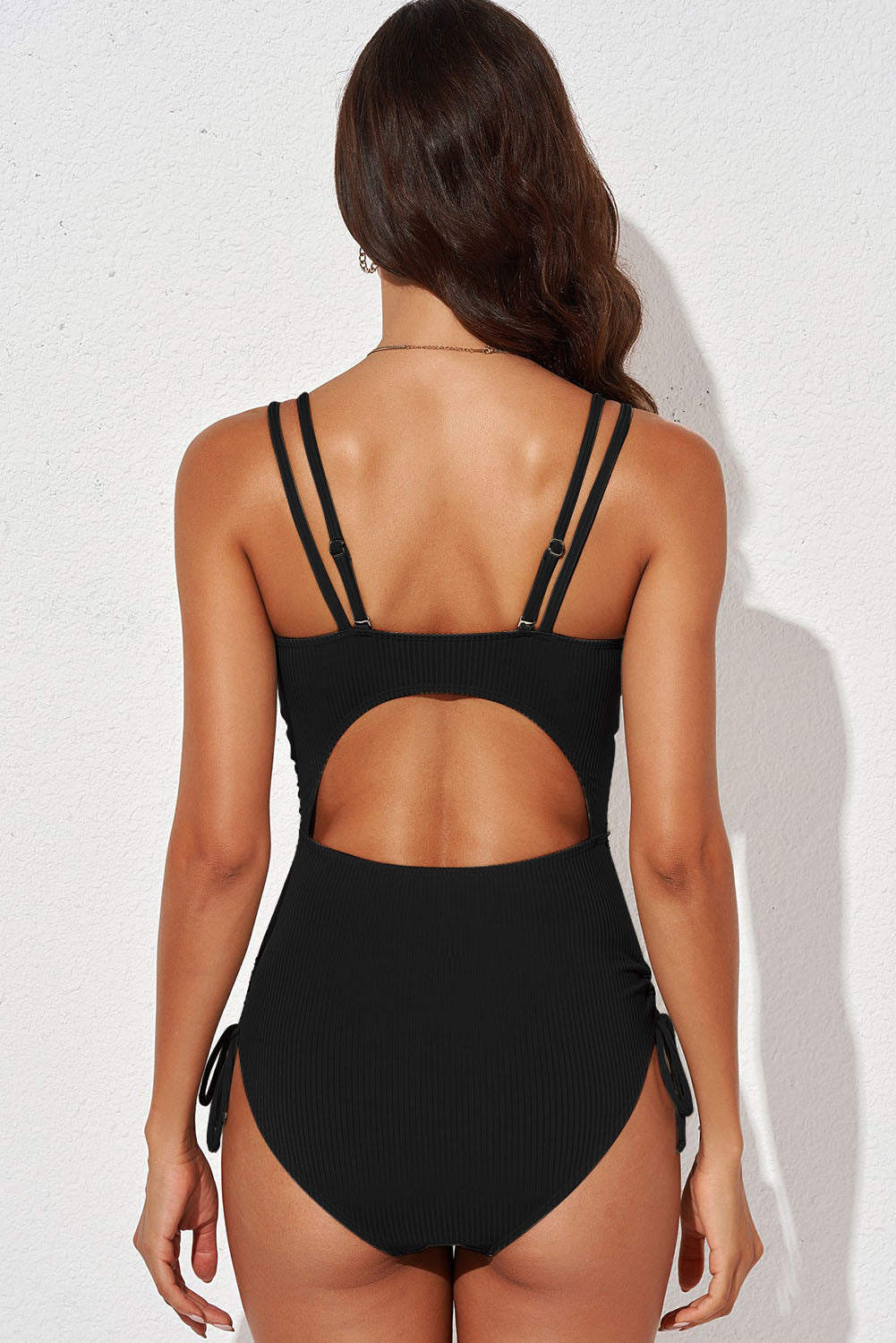 Black Tied Cutout Plunge One-Piece Swimsuit Swimwear