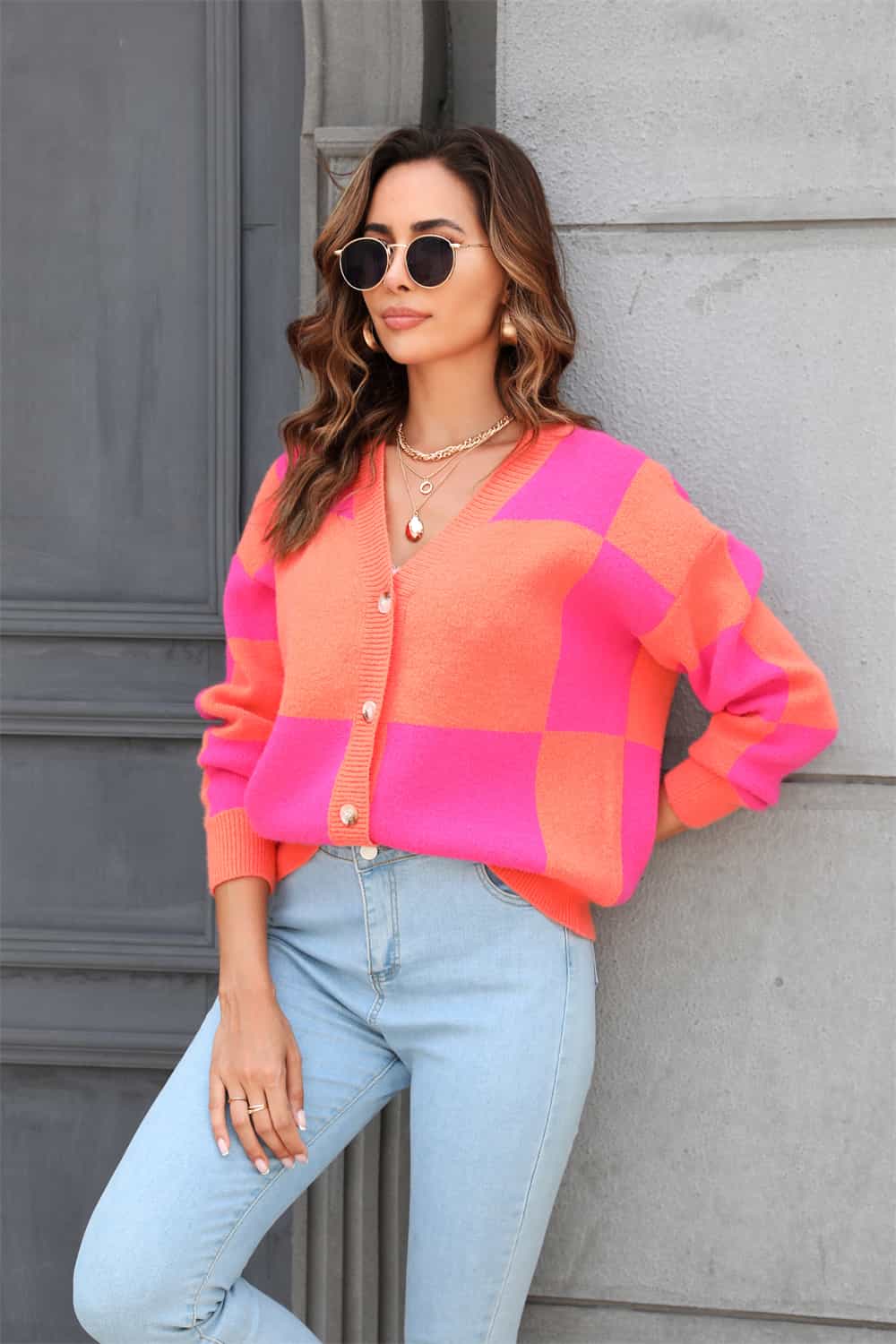 Rosy Brown Plaid V-Neck Dropped Shoulder Cardigan