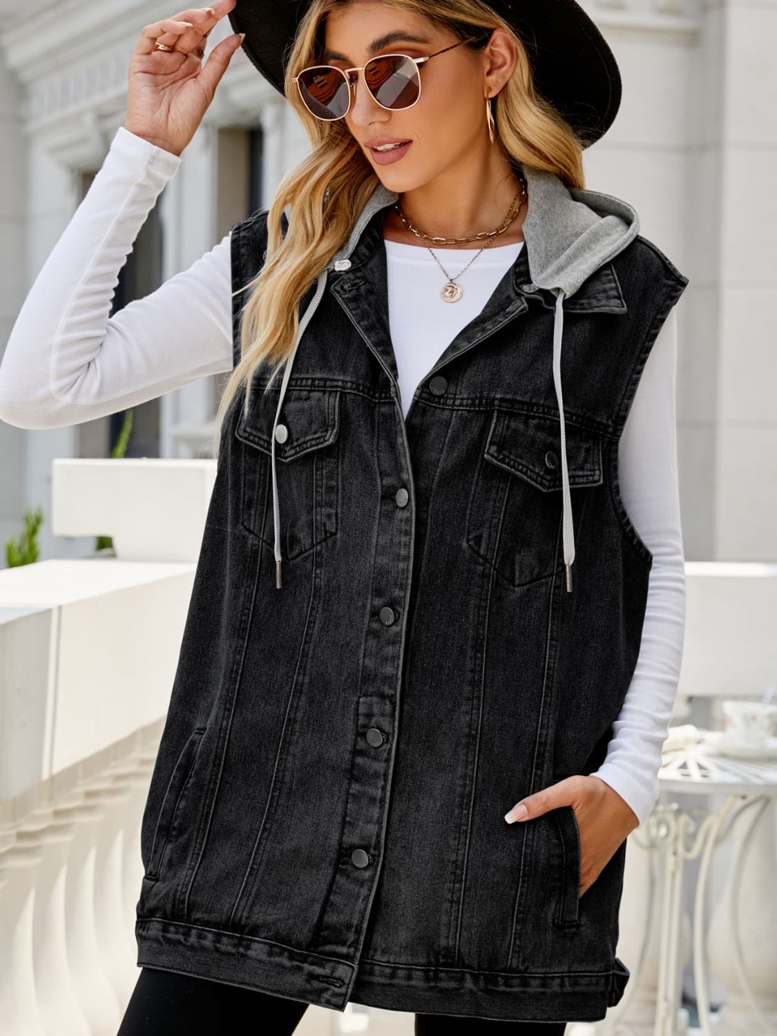 Black Drawstring Hooded Sleeveless Denim Top with Pockets Denim