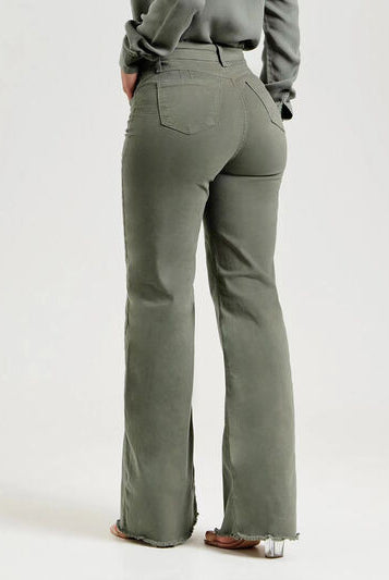 Dark Olive Green Buttoned Raw Hem Jeans with Pockets Denim