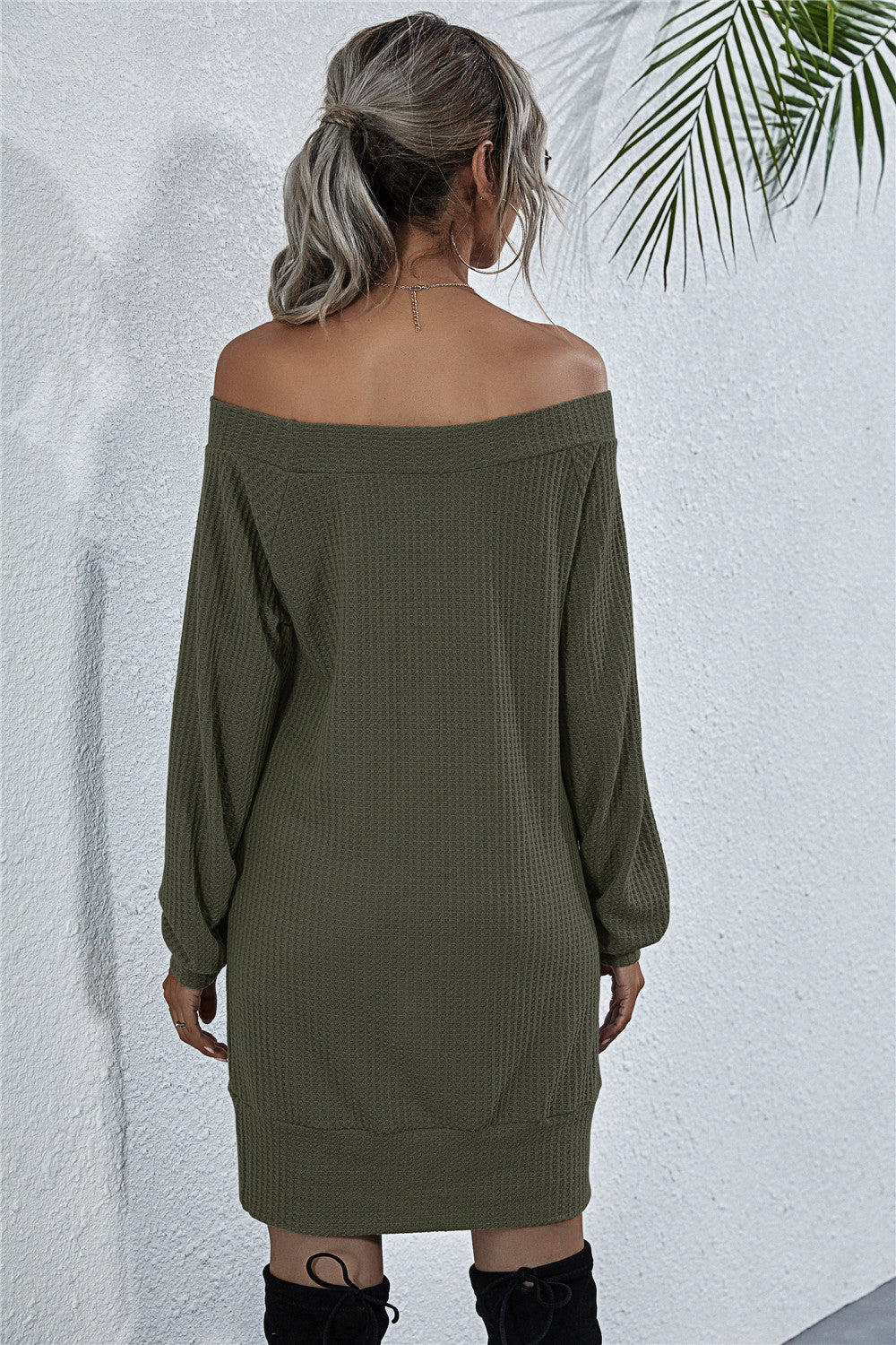 Dark Slate Gray Here For The View Waffle-Knit Boat Neck Mini Dress Mini Dresses