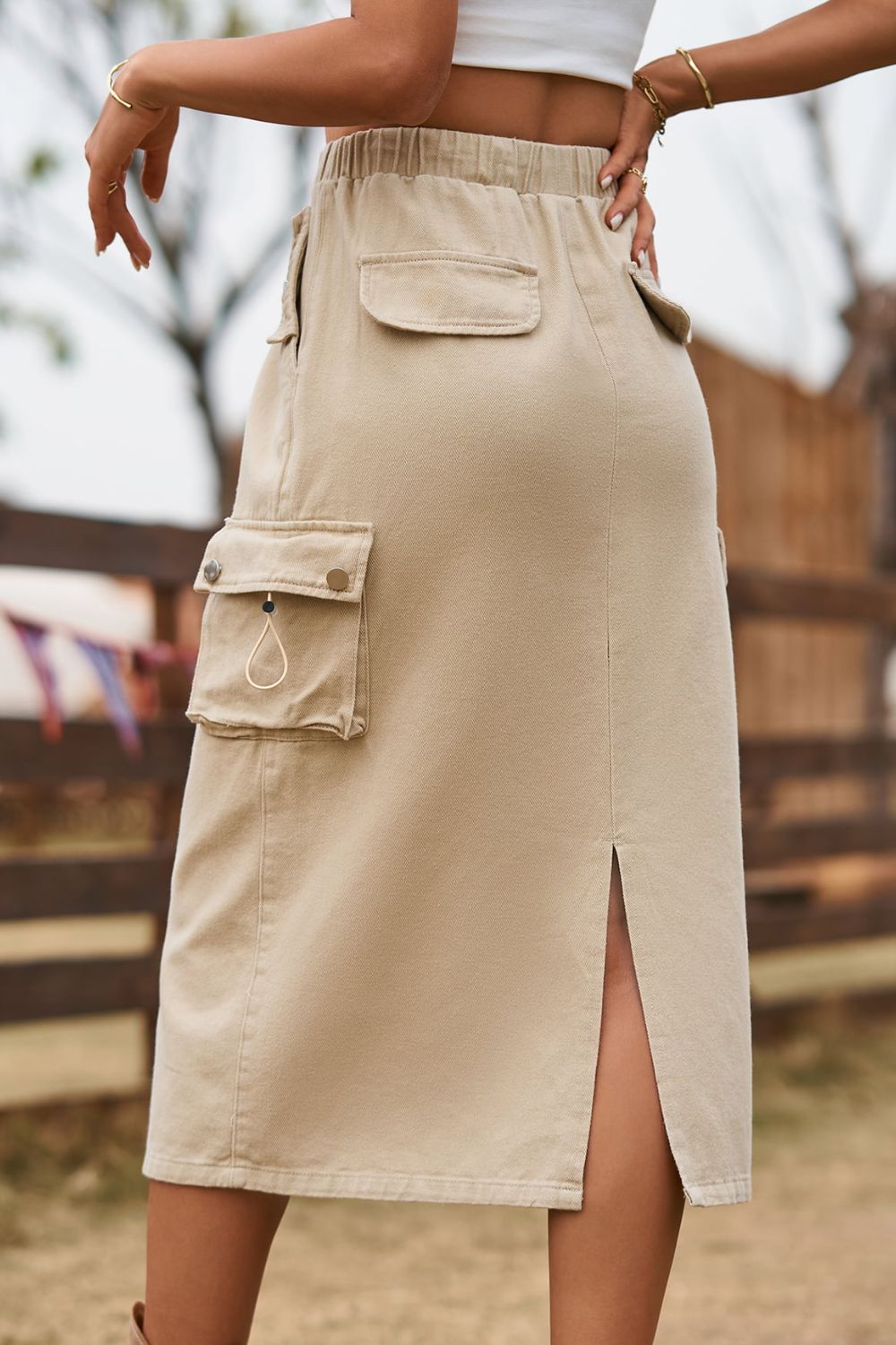 Rosy Brown Drawstring Waist Slit Denim Skirt Denim