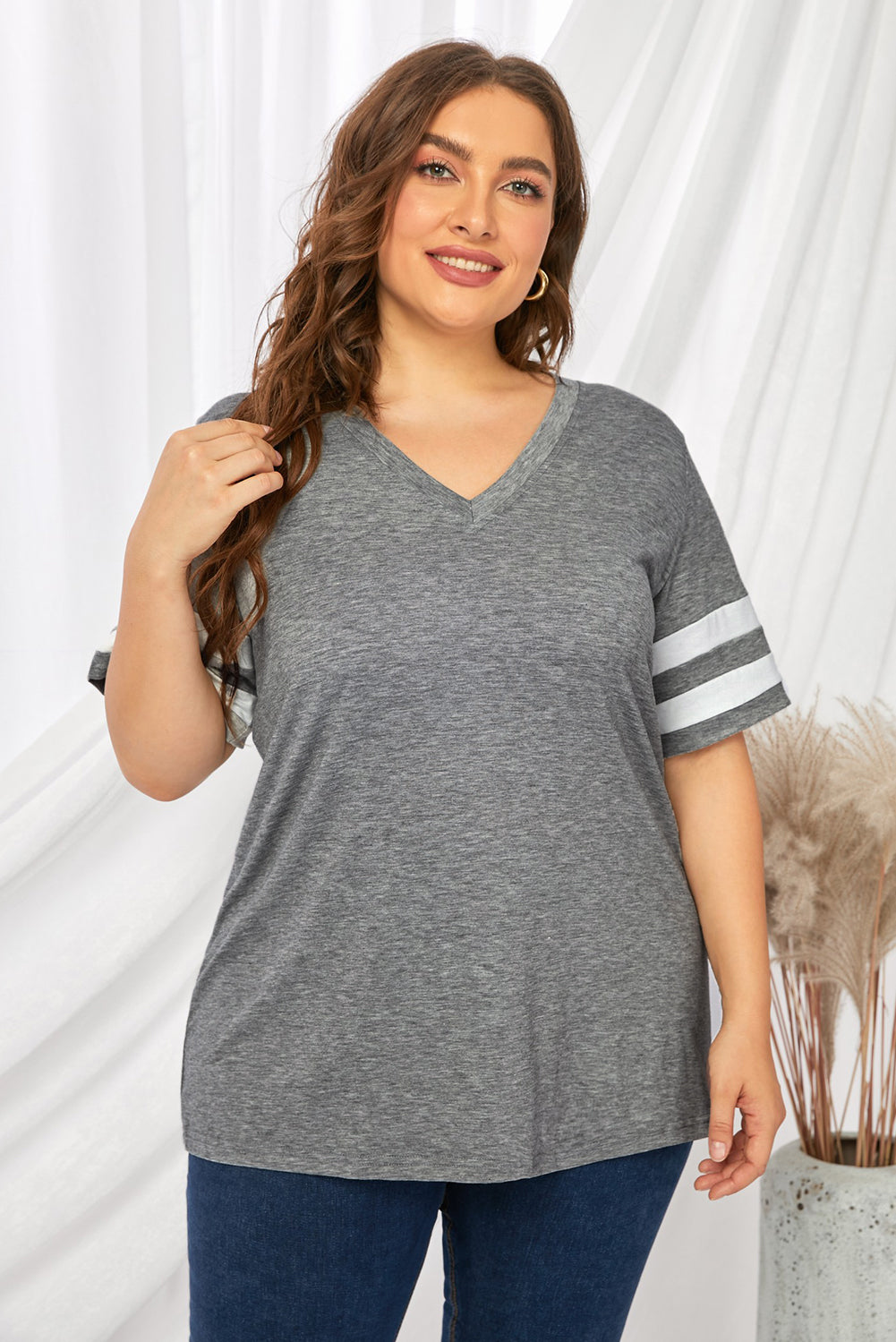 Light Gray Plus Size Striped V-Neck Tee Shirt Plus Size Clothes