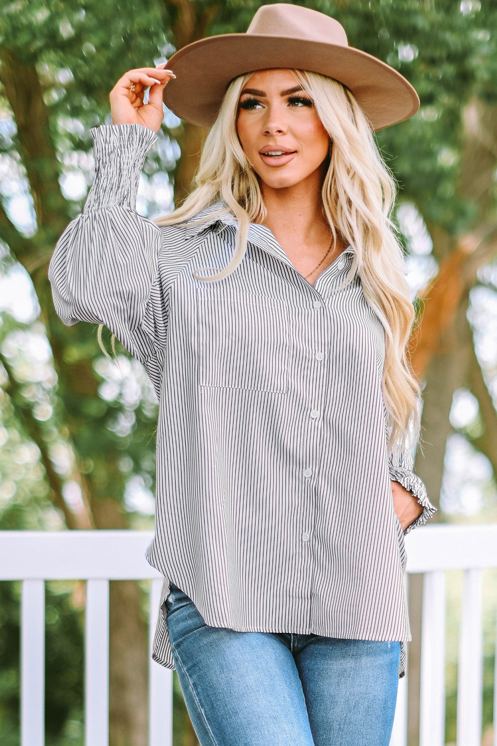 Light Gray Striped Lantern Sleeve Collared Shirt Tops