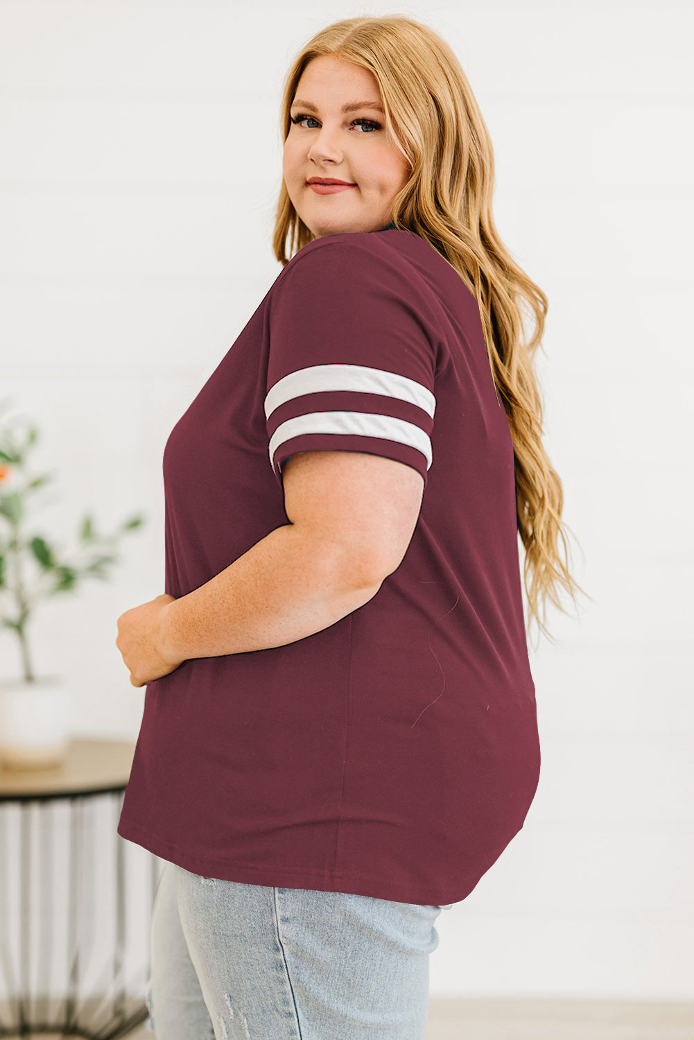 Saddle Brown Plus Size Striped V-Neck Tee Shirt Plus Size Clothes