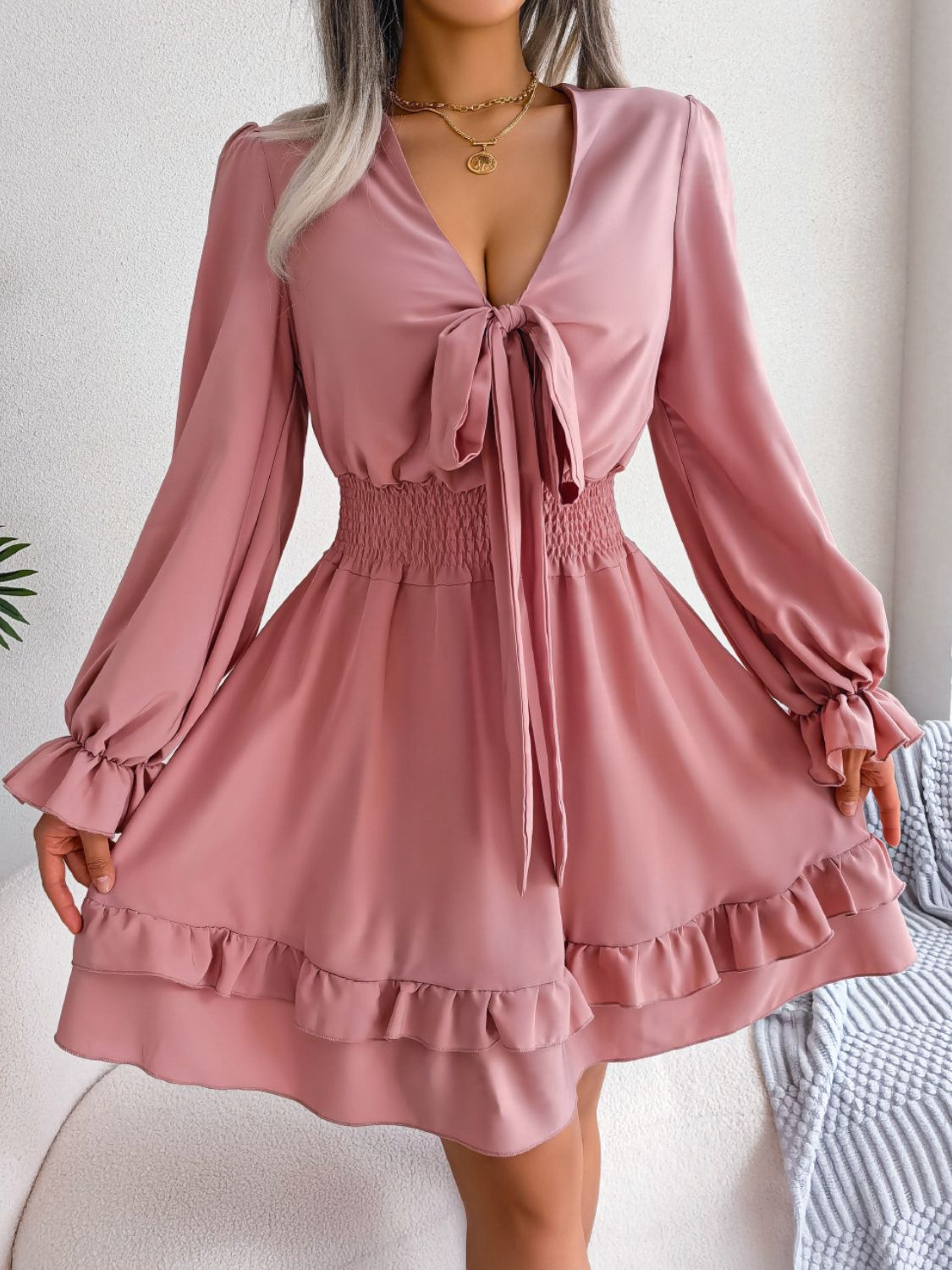 Rosy Brown Make You Happy Tie Front Smocked Waist Flounce Sleeve Dress Casual Dresses