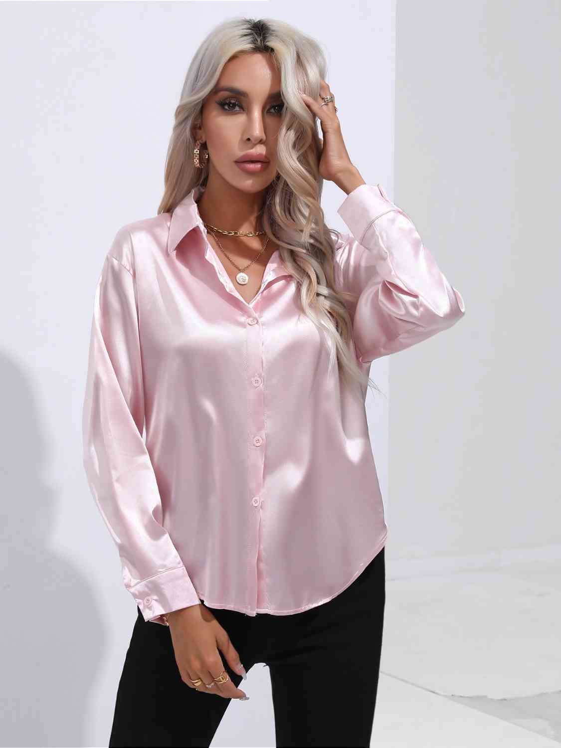 Light Gray Modern Times Collared Neck Buttoned Long Sleeve Shirt Satin Tops