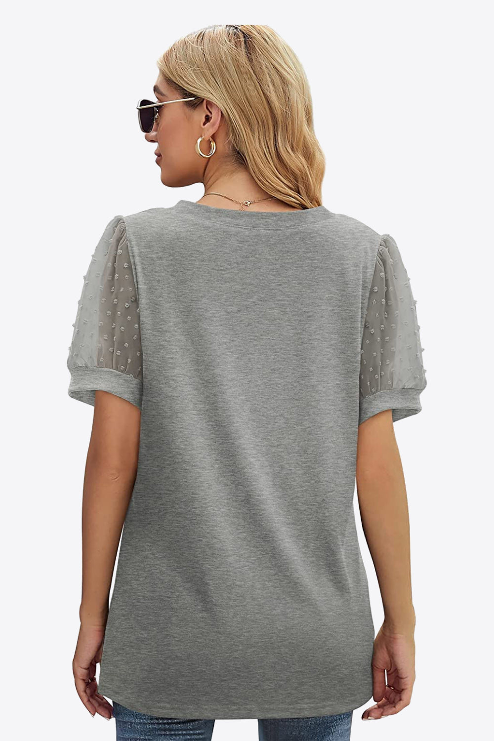 White Smoke Swiss Dot Puff Sleeve V-Neck Tee Tops