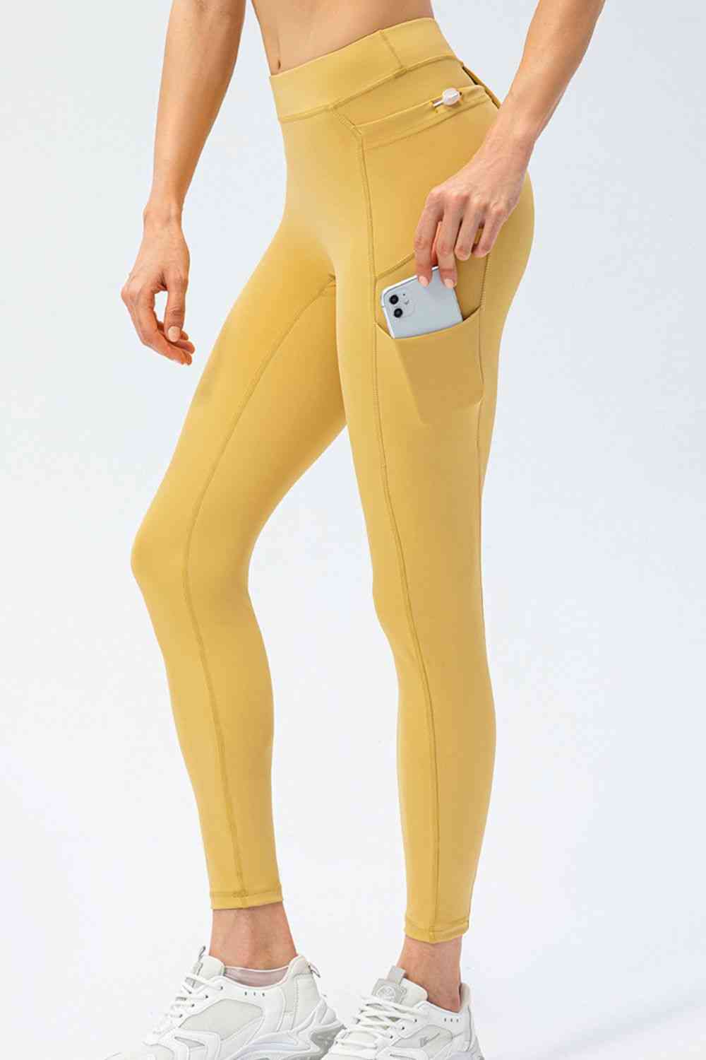 Beige Full Size Slim Fit High Waist Long Sports Pants with Pockets activewear