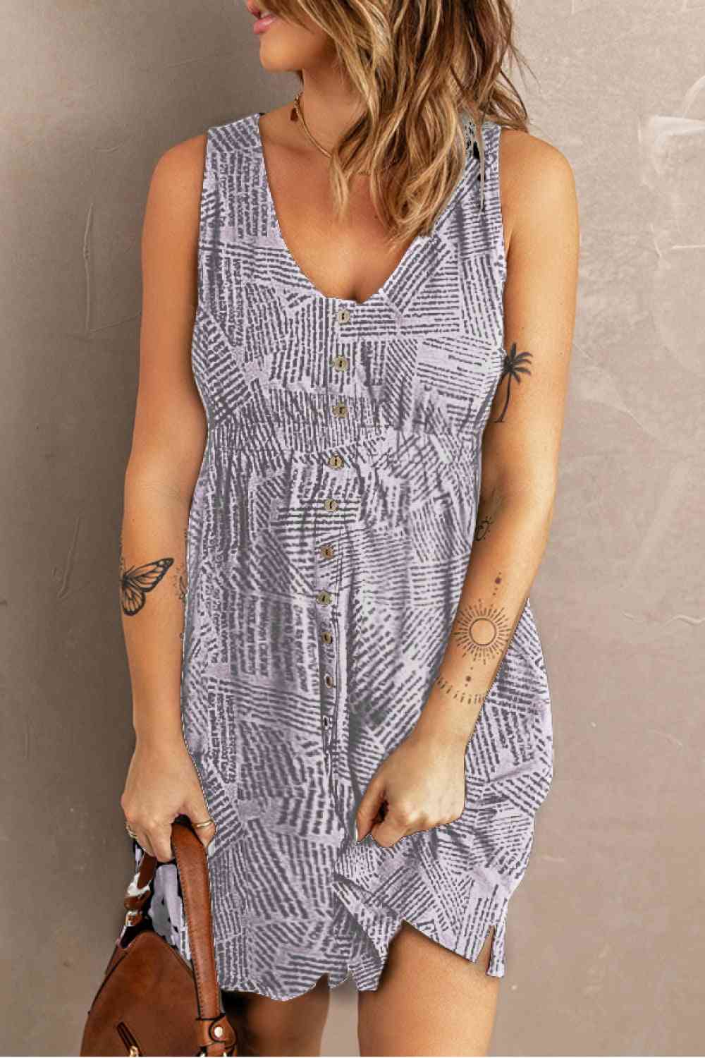 Rosy Brown Double Take Printed Scoop Neck Sleeveless Buttoned Magic Dress with Pockets Trends