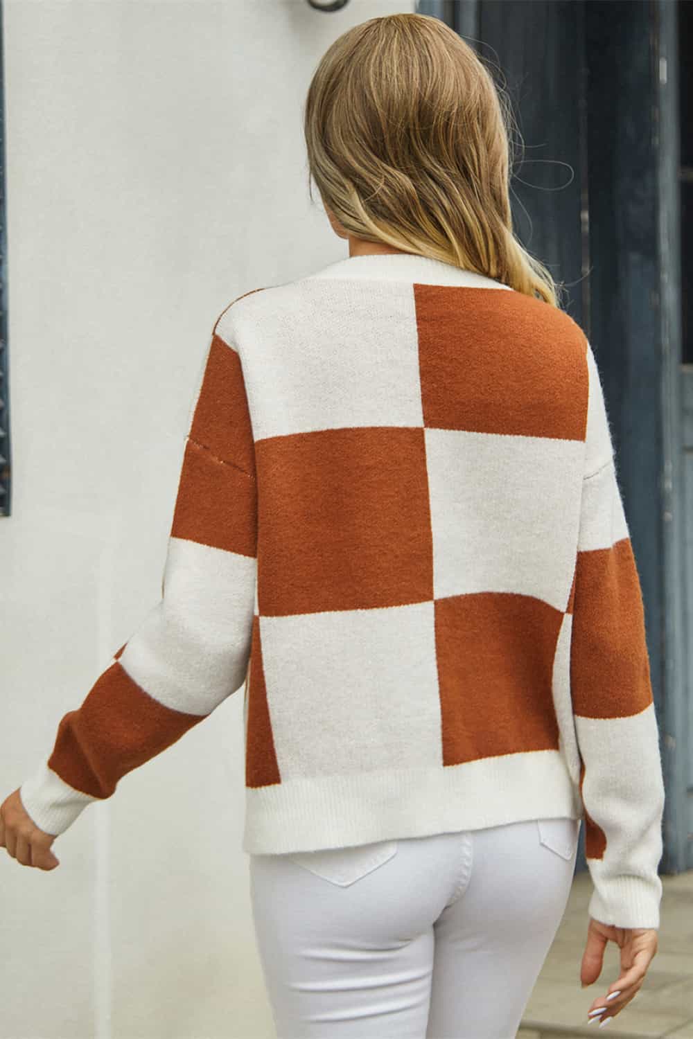 Gray Plaid V-Neck Dropped Shoulder Cardigan