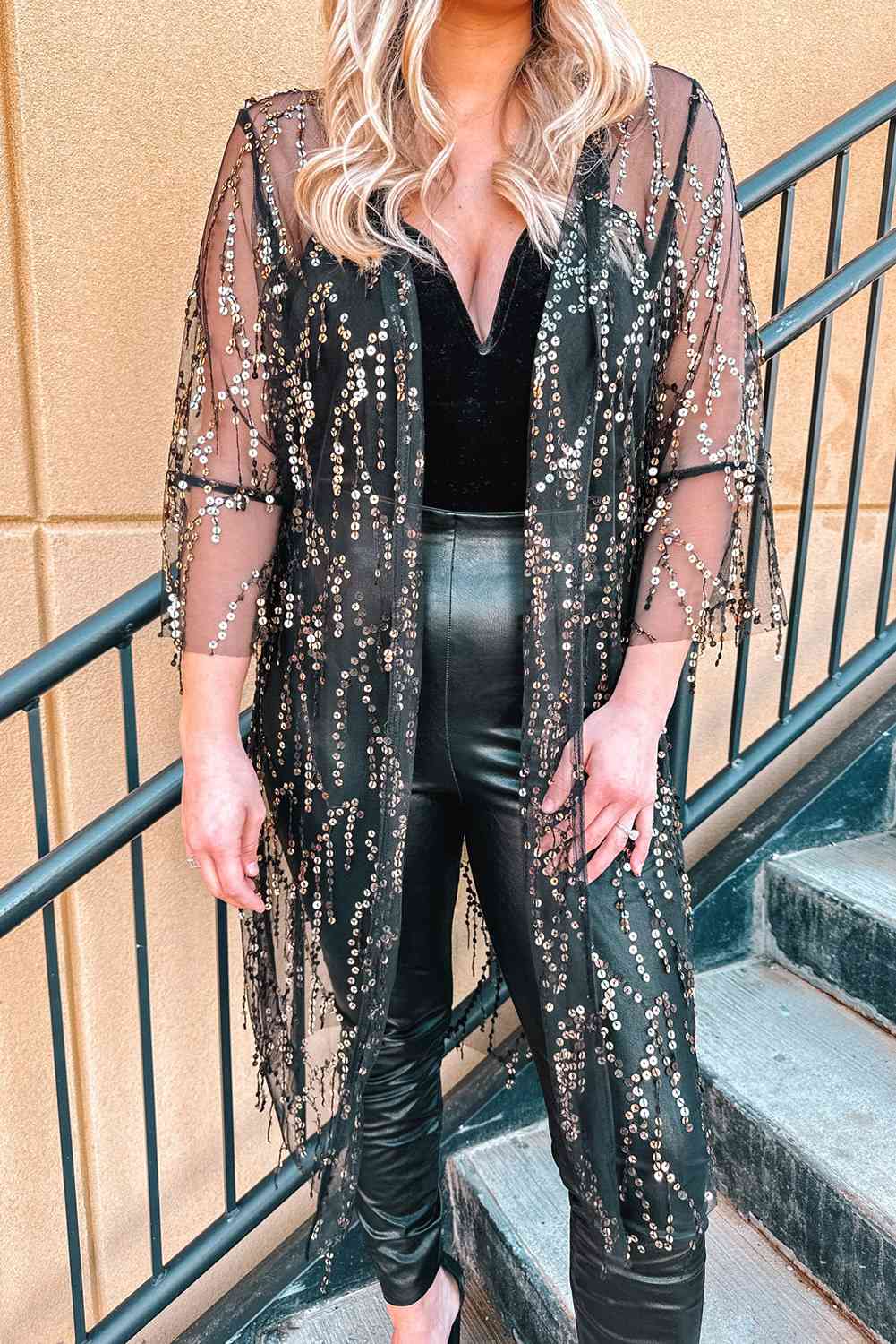 Gray Sequin Open Front Sheer Cardigan Holiday