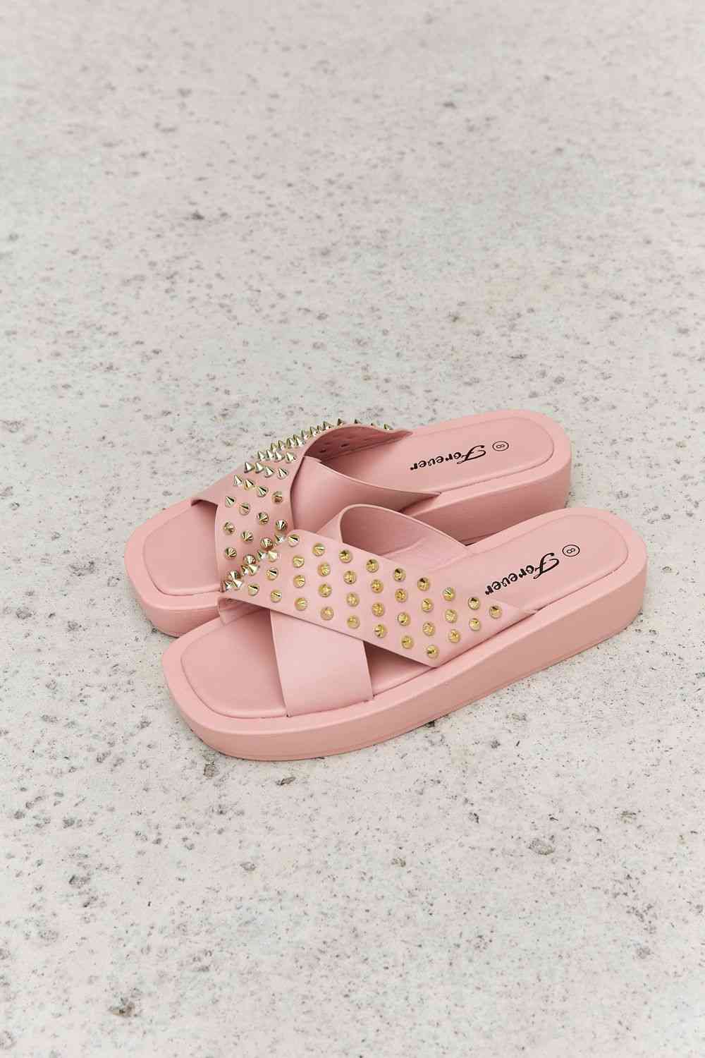 Light Gray Forever Link Studded Cross Strap Sandals in Blush Shoes