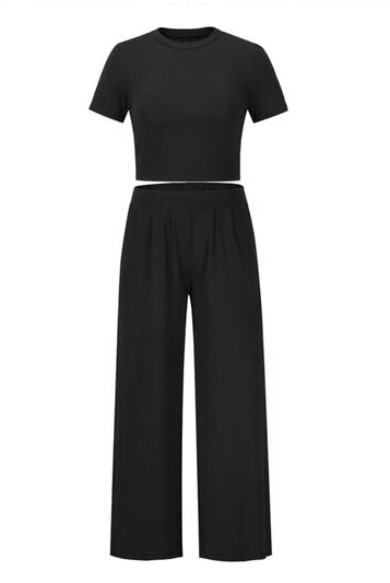 Black Round Neck Short Sleeve Top and Pocketed Pants Set