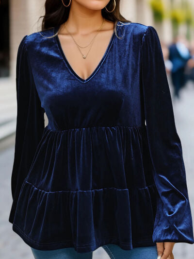 Black V-Neck Balloon Sleeve Peplum Blouse Clothing