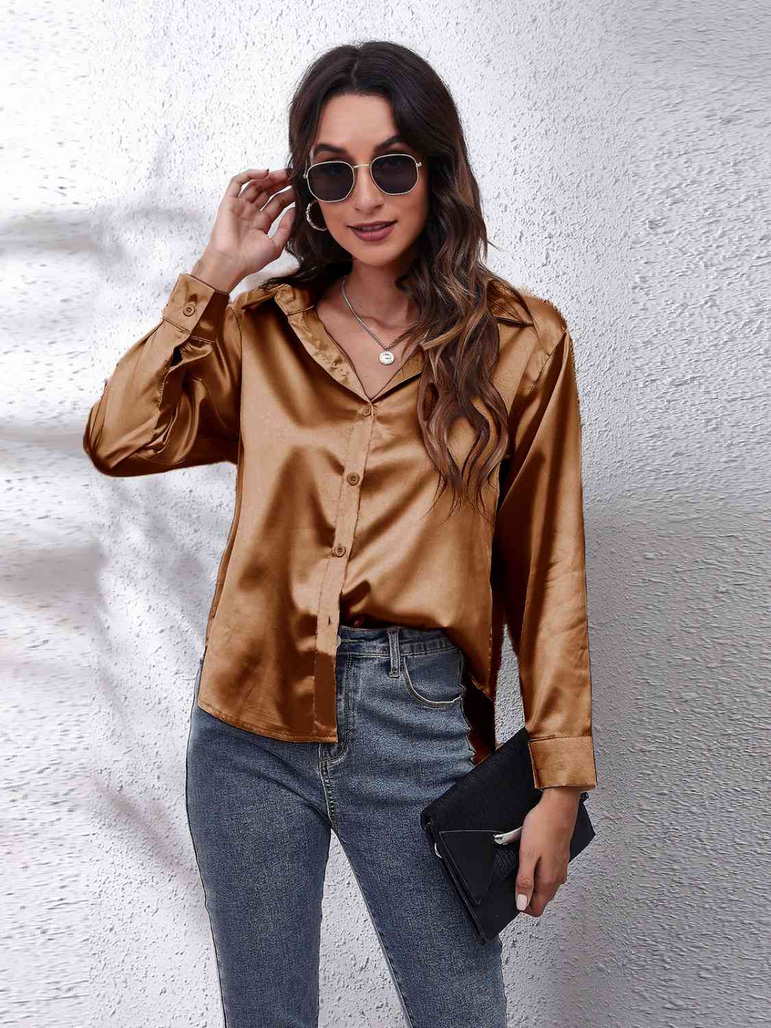 Gray That Girl Collared Neck Buttoned Long Sleeve Satin Shirt Long Sleeve Tops