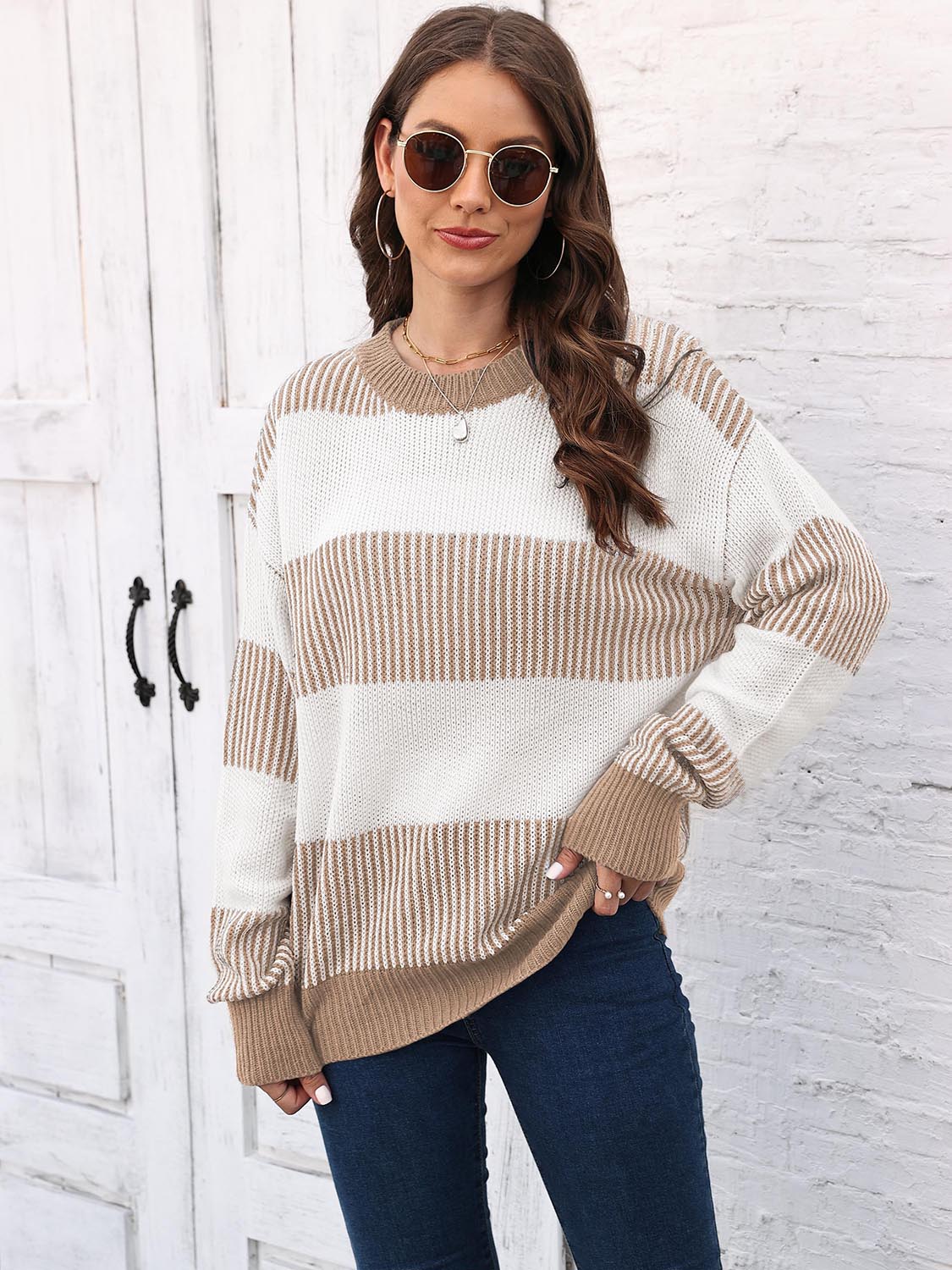 Light Gray Full Size Round Neck Drop Shoulder Sweater