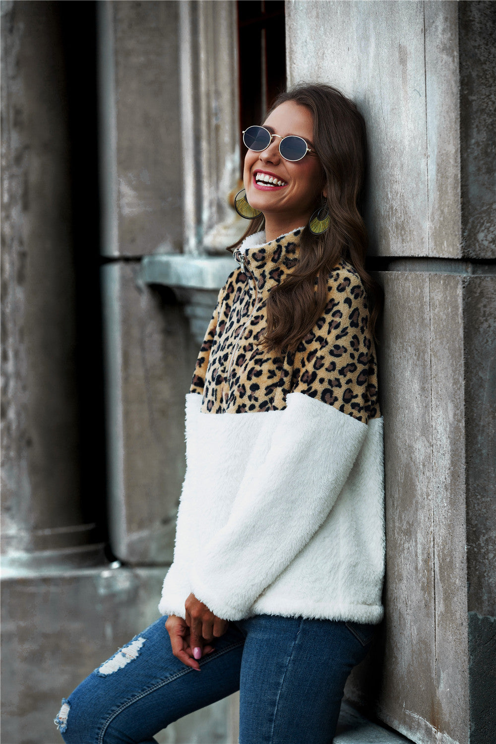 Dark Slate Gray Leopard Color Block Half-Zip Collar Teddy Sweatshirt Shirts & Tops