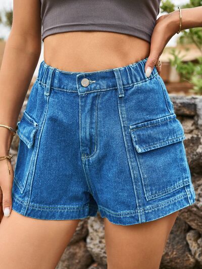 Dim Gray High Waist Denim Shorts with Pockets Denim