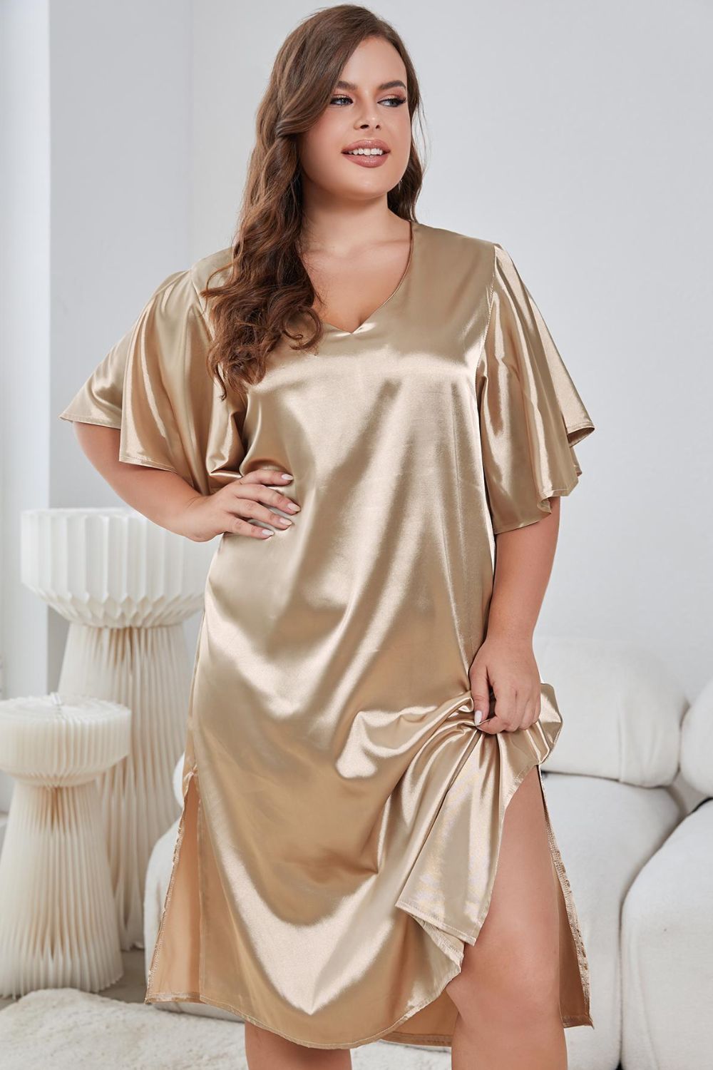Gray Plus Size Flutter Sleeve V-Neck Side Slit Night Gown