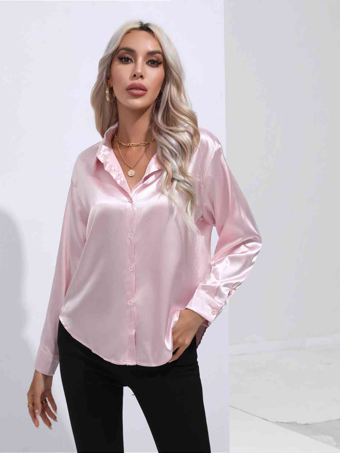 Light Gray Modern Times Collared Neck Buttoned Long Sleeve Shirt Satin Tops