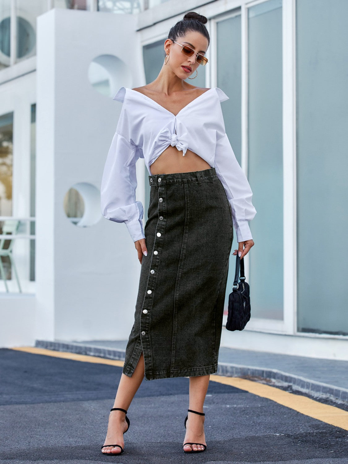 Gray Wifey Button Down Denim Midi Skirt Denim Skirt