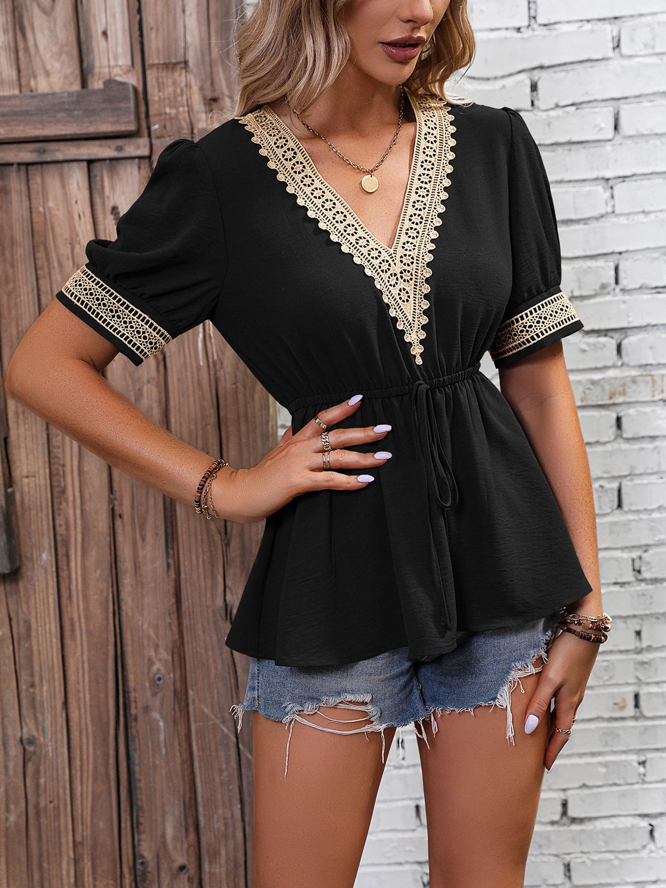 Dim Gray Contrast V-Neck Babydoll Top Tops