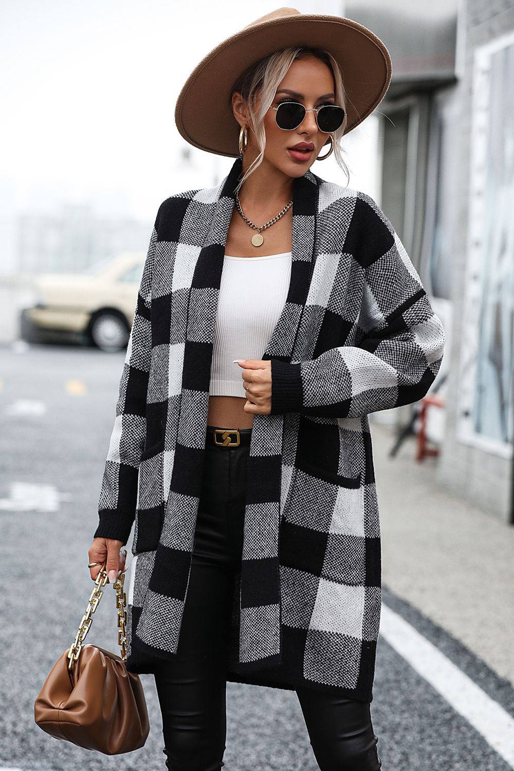 Gray Plaid Dropped Shoulder Cardigan with Pocket