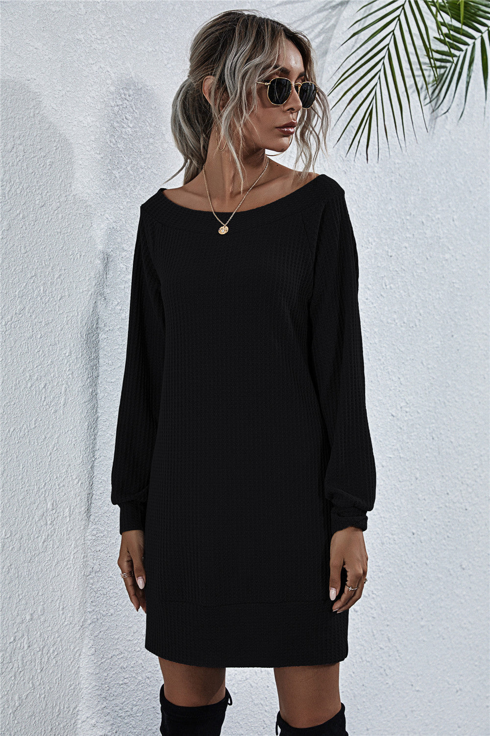 Black Here For The View Waffle-Knit Boat Neck Mini Dress Mini Dresses