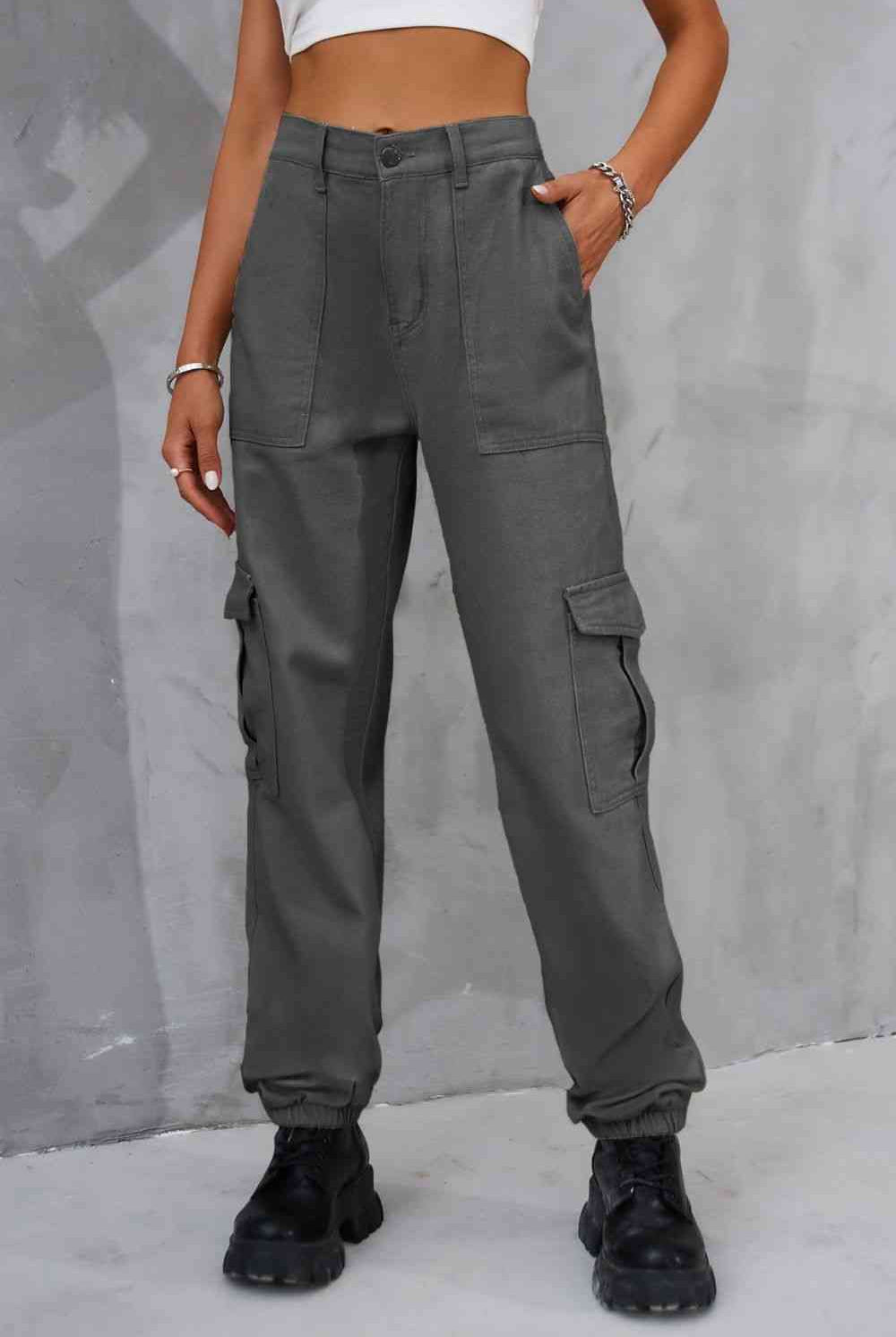 Light Slate Gray Buttoned High Waist Jeans with Pockets Denim