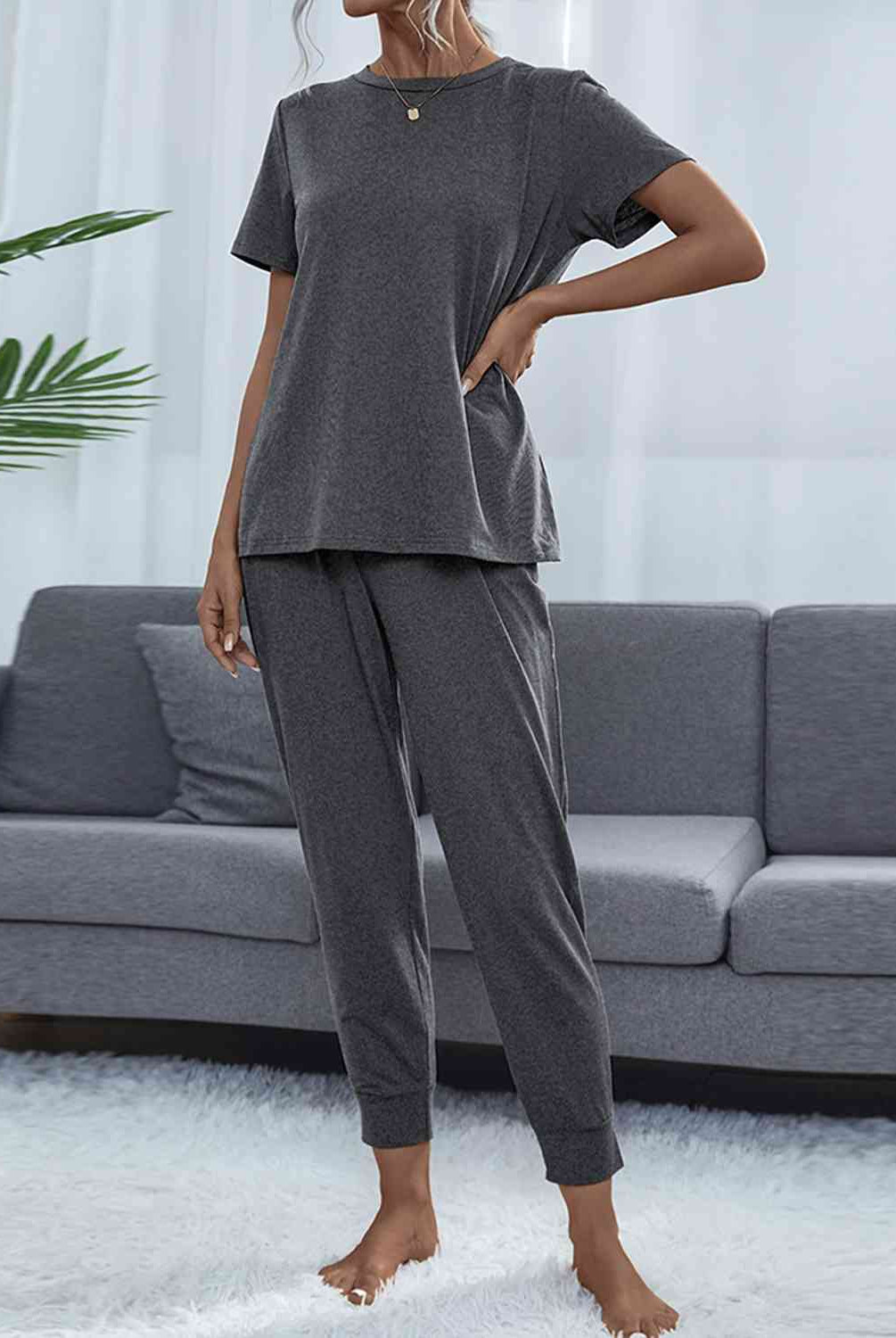 Dark Slate Gray Round Neck Short Sleeve Top and Pants Set Loungewear