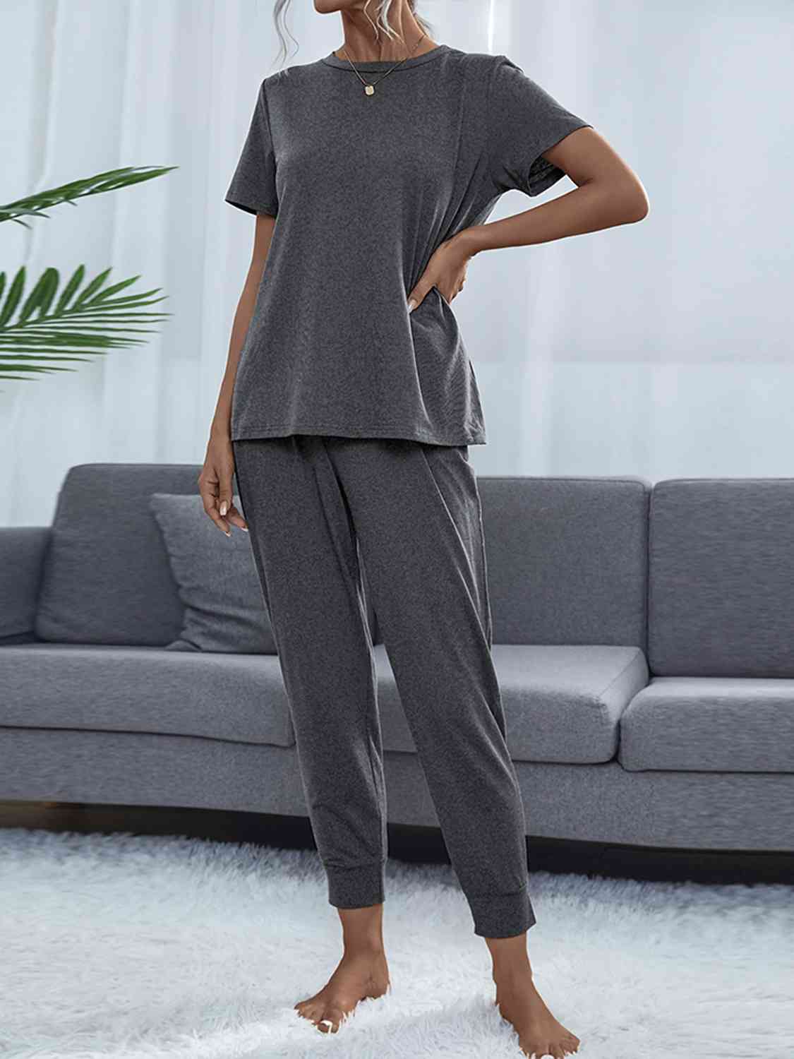 Dark Slate Gray Round Neck Short Sleeve Top and Pants Set Loungewear