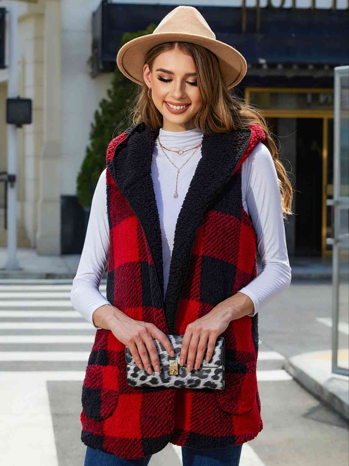 Dark Slate Gray Plaid Hooded Vest Winter Accessories