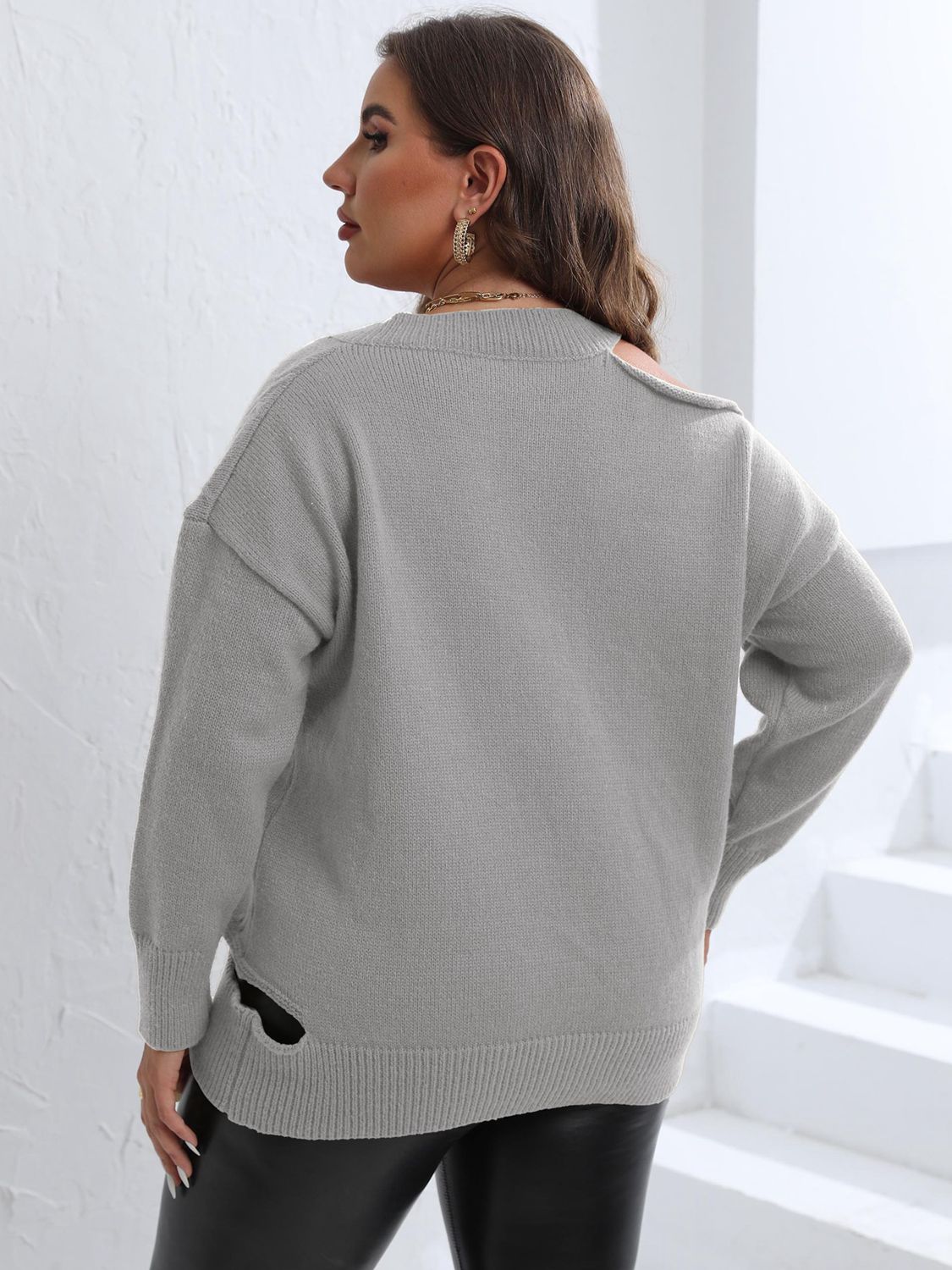 Gray Plus Size Cutout V-Neck Sweater Clothing