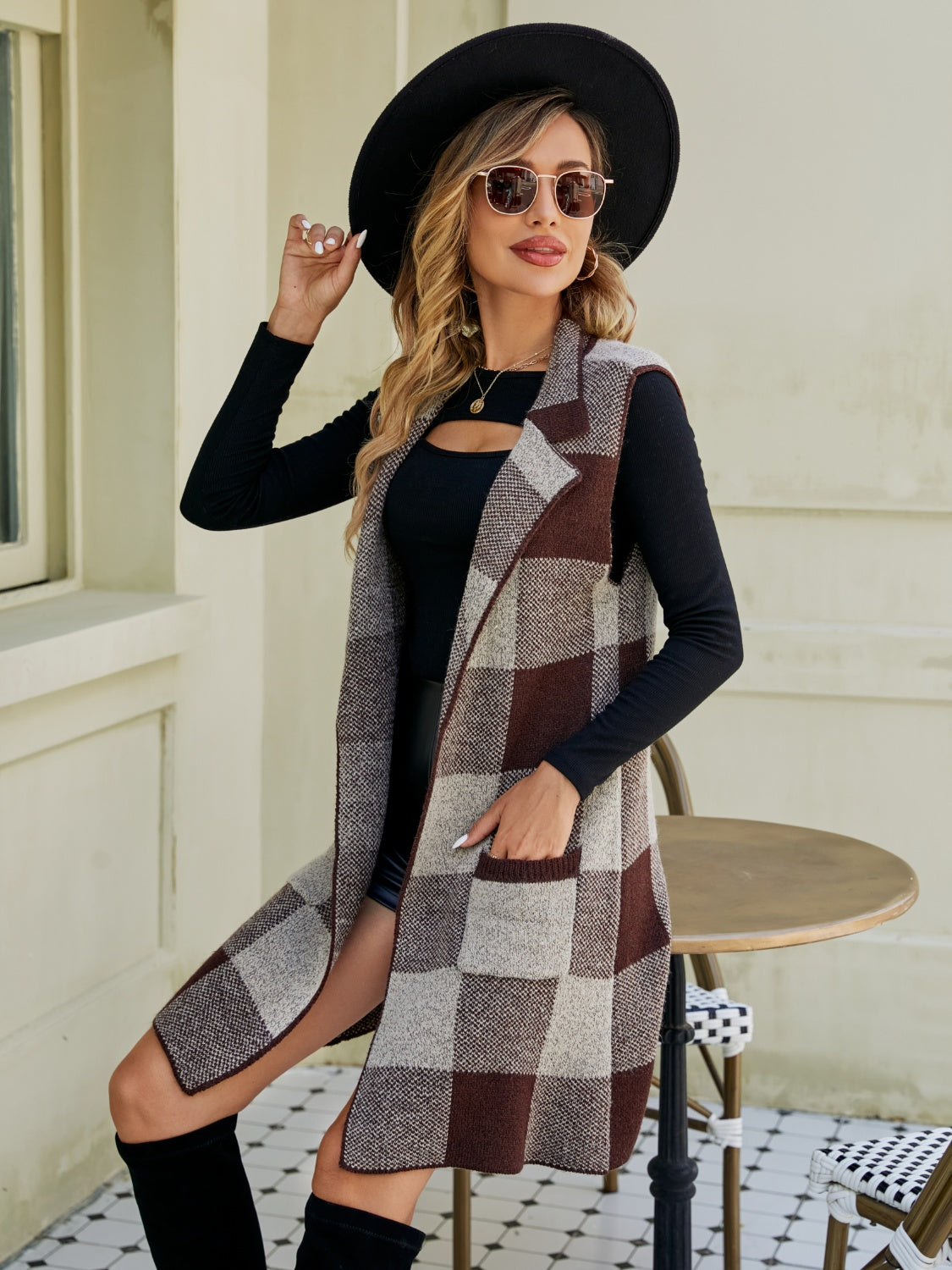Gray Plaid Lapel Collar Sleeveless Cardigan