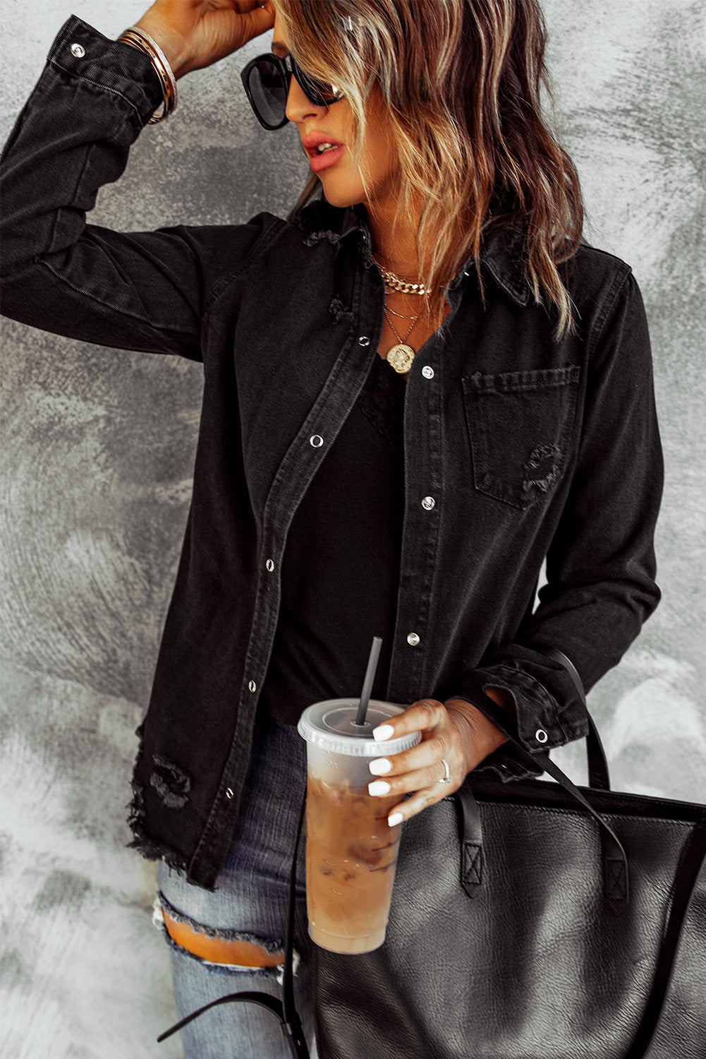 Black Nothing Is Better Distressed Snap Down Denim Jacket Coats & Jackets