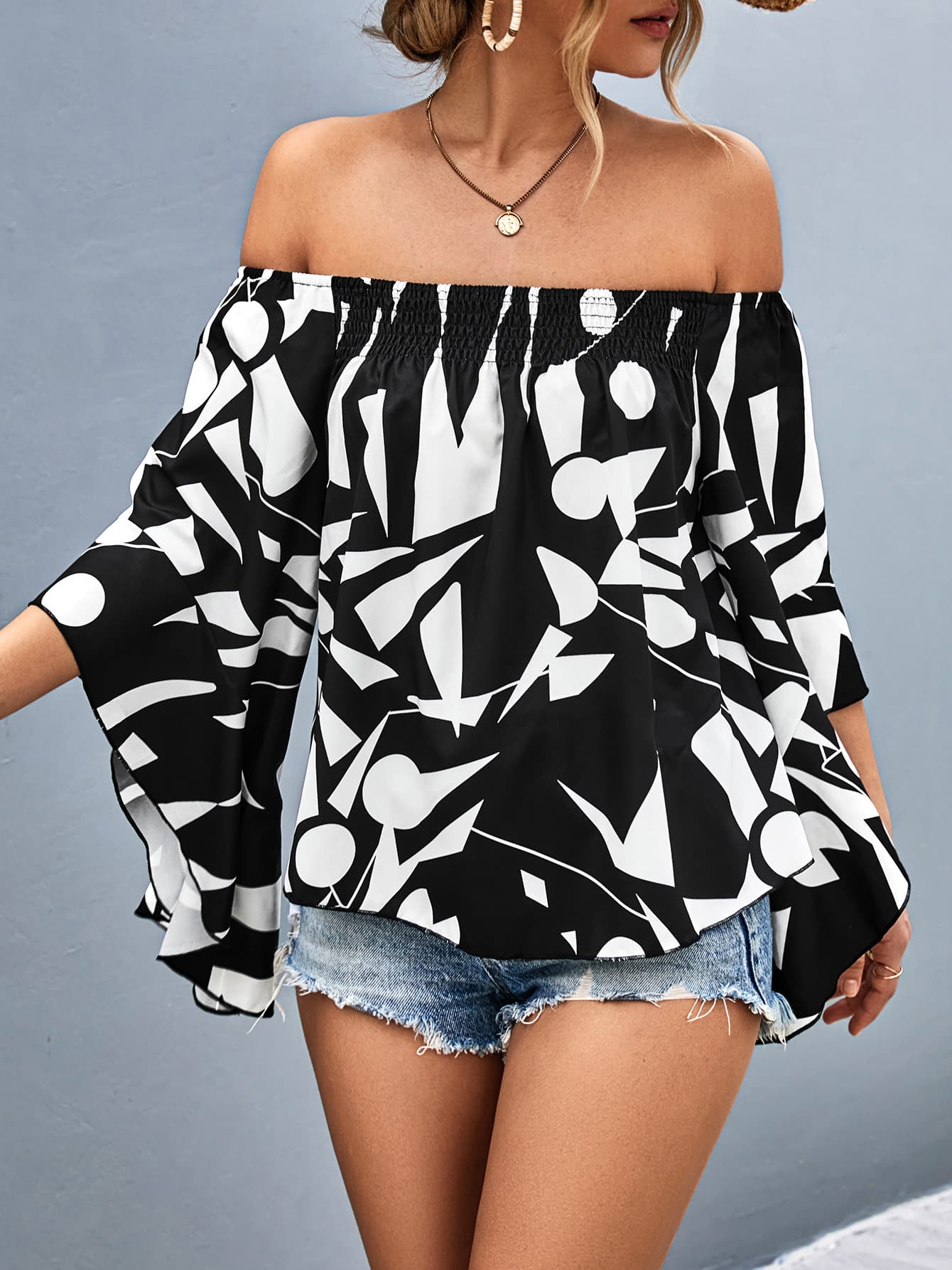 Dark Gray Printed Off-Shoulder Bell Sleeve Blouse Tops