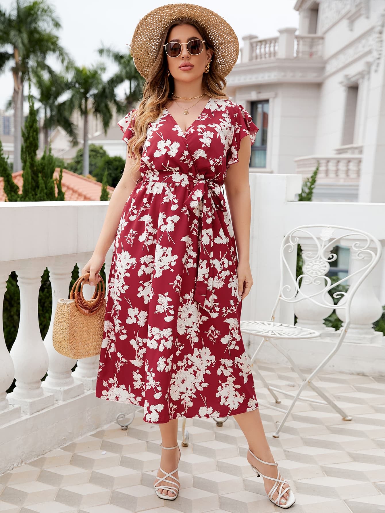 Light Gray Let's Keep It Simple Plus Size Floral Tie Waist Surplice Neck Midi Dress Curvy Dress
