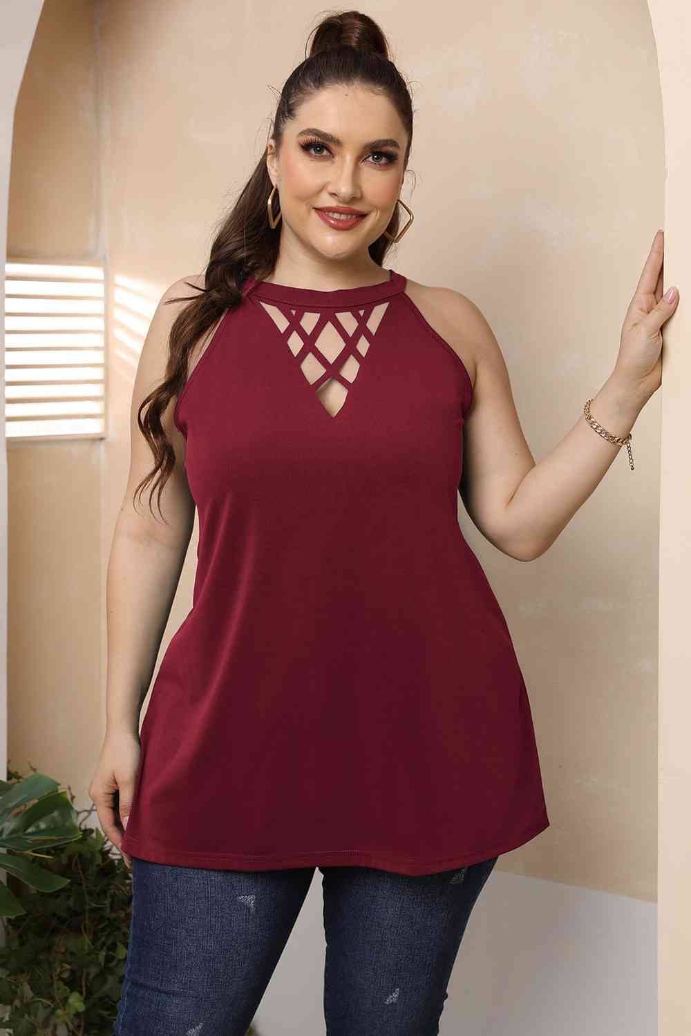 Tan Plus Size Halter Neck Cutout Sleeveless Dress Plus Size Clothes
